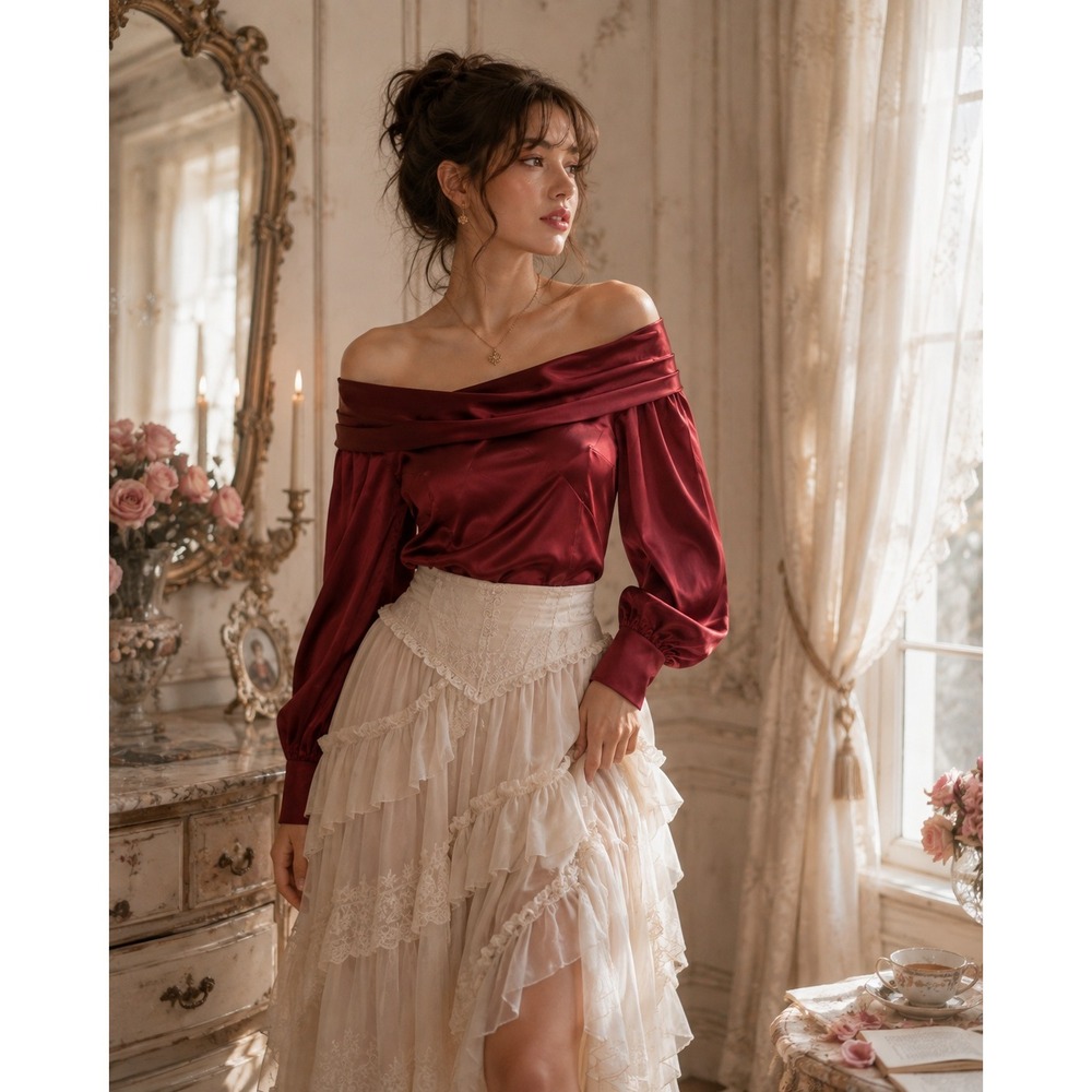 ASTR the Label Brick Red Satin Off Shoulder Long Sleeve Blouse XS